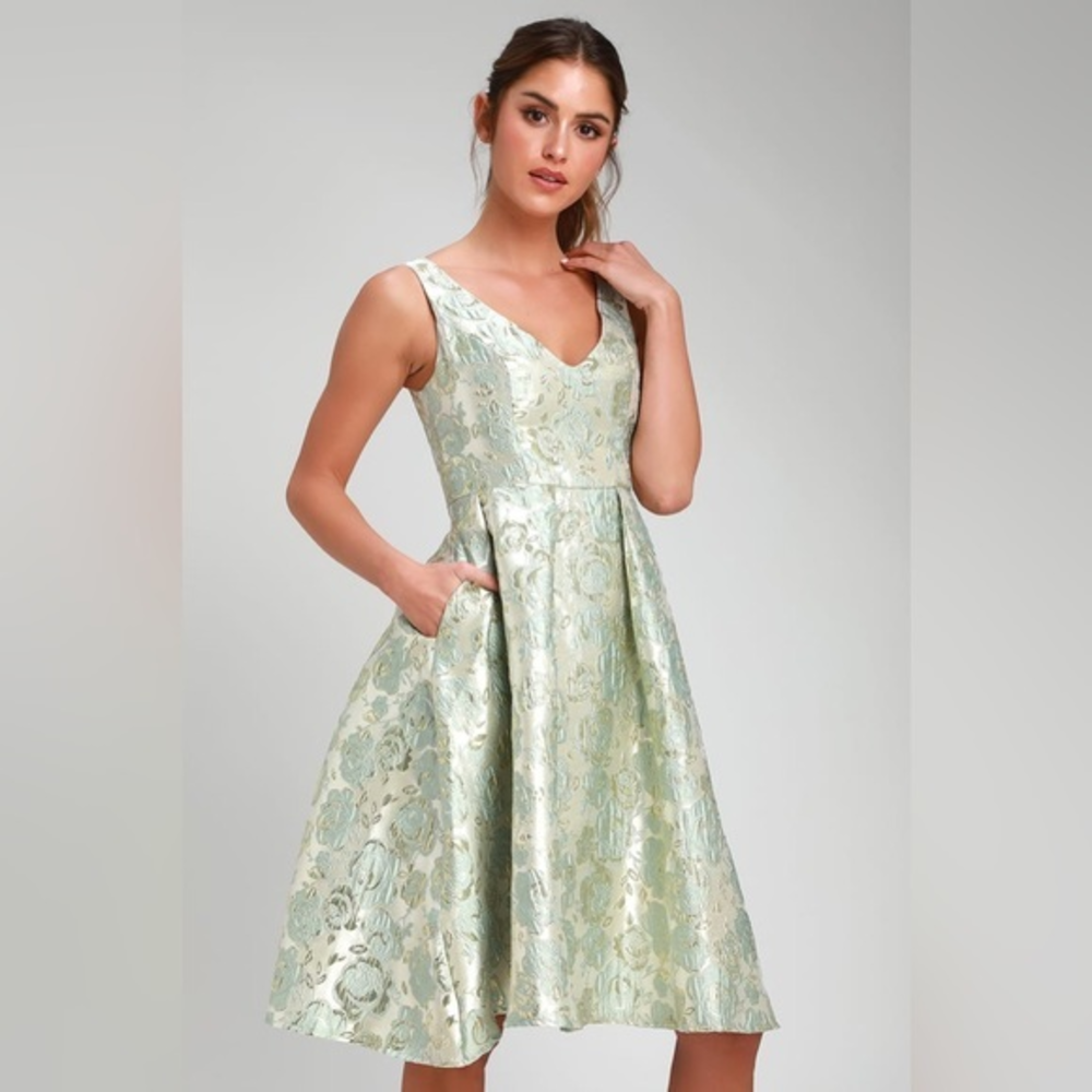 Lulu’s Women’s Small Metallic Gold Green Sleeveless Midi Dress With Pockets